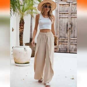 B Beige Split-Leg Pants XL| Boho Resort Style Wide Leg | Coastal Minimalist